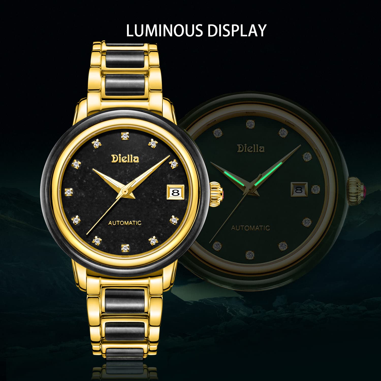 Diella Automatic Watches for Men and Women,Luxury Jade Wrist Dress Watch with Luminous Display,Waterproof