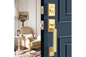 Gaurqiah Brushed Gold Handle Set, Heavy Duty Front Door Entry Handle and Deadbolt Lock Set Exterior Door Lock Set with Deadbolt Single Cylinder HandleSet Reversible for Right & Left Side, Satin Brass