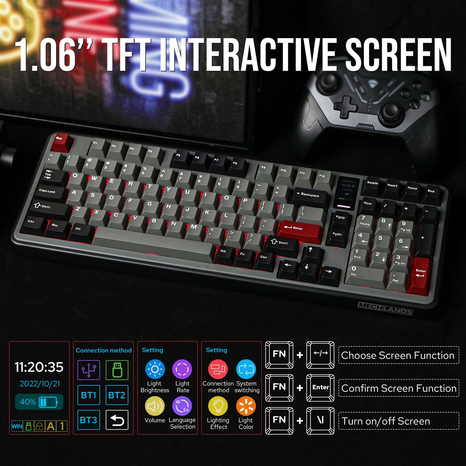 MechLands Vibe99 Wireless Gaming Keyboard with 1.06'' Screen, 96% Hot Swappable Creamy Mechanical Keyboard with Gasket Structure, BT5.0/2.4GHz/USB-C, 5-Layer Padding, RGB, NKRO for Win/Mac (Black)