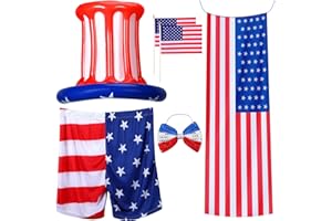 VELMITTEN 6 Pcs 12 ft Skeleton Patriotic Halloween Accessories Inflatable Uncle Hat Bow Tie American Flag Costume Cape and Shorts 2 American Flags on Stick for 4th of July Independence Outdoor Decoration
