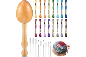 Jexine Darning Egg for Socks Wooden Darning Supplies Kit with 9 Large Eye Needles 16 Colors Sewing Threads for Socks Clothes Weaving Adults Darner DIY Handicraft Home Sewing Care(Multiple Color)