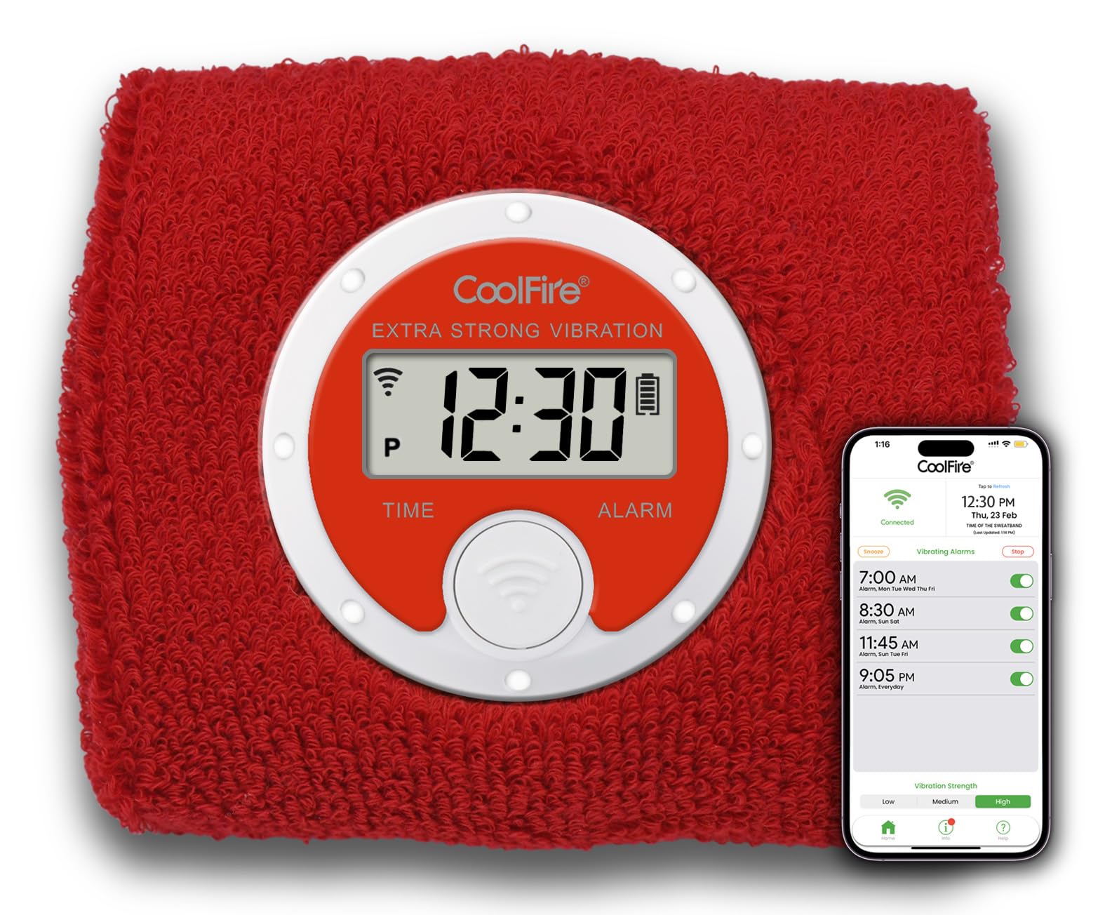 Photo 1 of Coolfire - Vibrating Alarm Clock Sweatband, Silent Wake Yourself Up Wristband Vibrating Alarm Watch for Couples, Students, Easy to Set on User-Friendly App, Hearing Impaired, USB Chargeable (red)