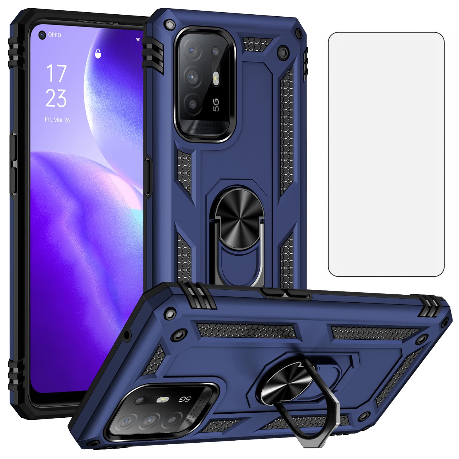 Asuwish Phone Case for OPPO Reno5 Z/A94 5G/A95 5G/F19 Pro+ 5G With Tempered Glass Screen Protector Cover Stand Ring Holder Hard Magnetic Shockproof Kickstand Reno 5 A945G A955G Women Men Blue — image 1