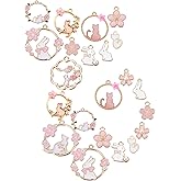 SUNNYCLUE 1 Box 48Pcs 12 Styles Pink Flower Charms Enamel Cat Easter Holiday Rabbit Animal Floral Hollow Flat Round Alloy Sakura Pendants Bulk Gold Plated for Jewelry Making Charms DIY Craft Findings
