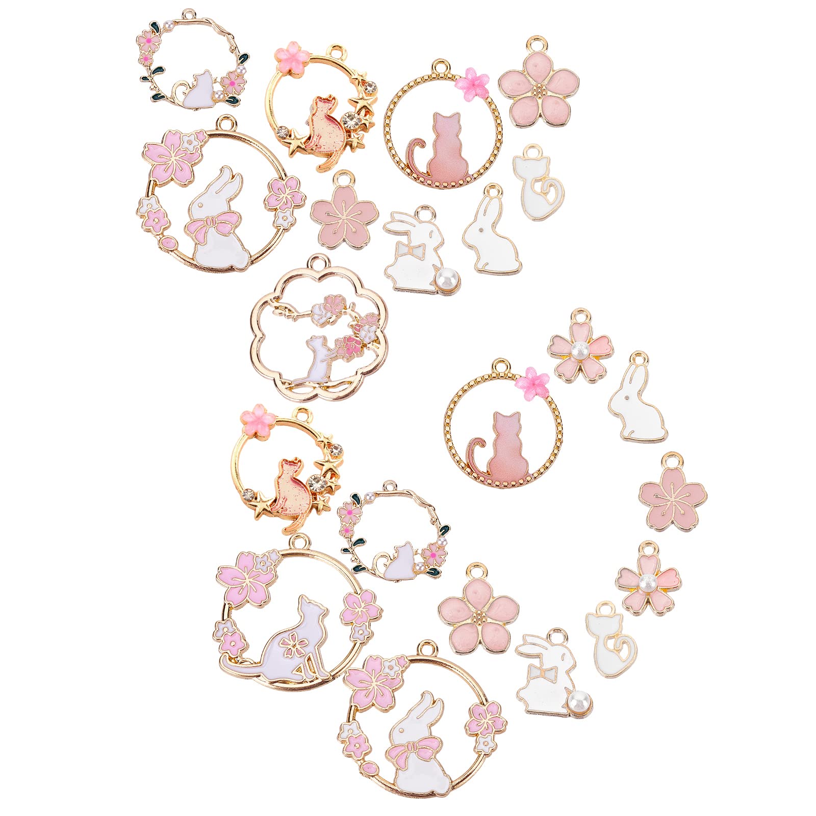 SUNNYCLUE 1 Box 48Pcs 12 Styles Pink Flower Charms Enamel Cat Rabbit Animal Floral Hollow Flat Round Alloy Pendants Bulk Gold Plated for Jewelry Making Charms DIY Bracelets Earrings Findings — image 1