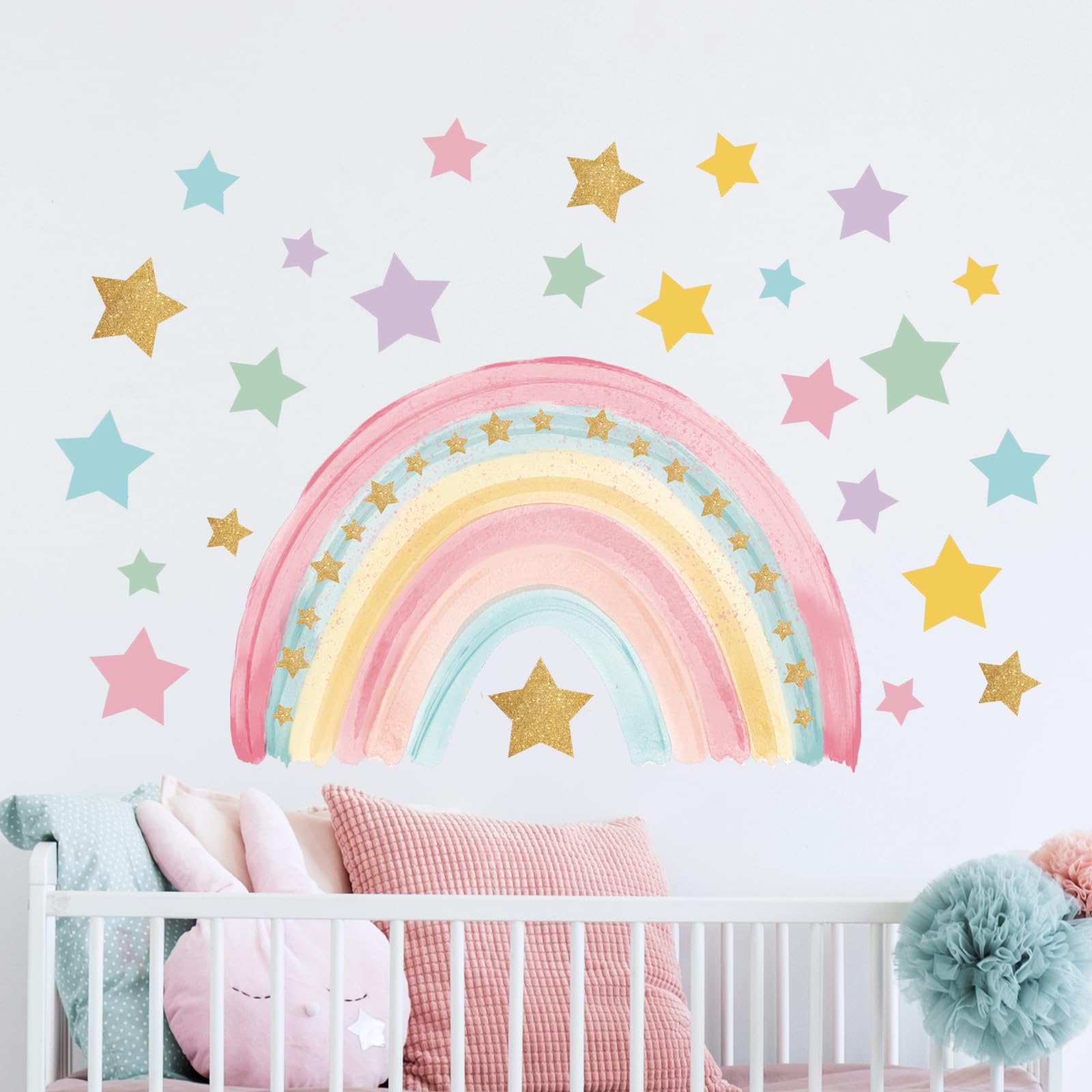 Tanlaby Large Rainbow Wall Stickers Boho Rainbow Wall Decal Colorful Stars Vinyl Wall Art Sticker for Girls' Room Kids Baby Nursery Bedroom Living Room Playroom Classroom Wall Decor