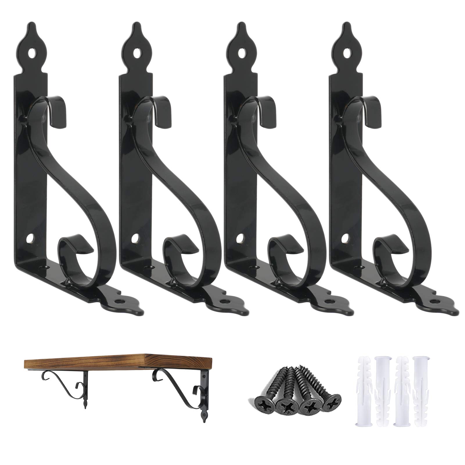 Ouvin Decorative Wall Shelf Brackets 4 Pack 8inch Heavy Duty L Corner Brace Shelf Support Floating Metal Brackets with Screws (200mm/8inch) Black — image 1