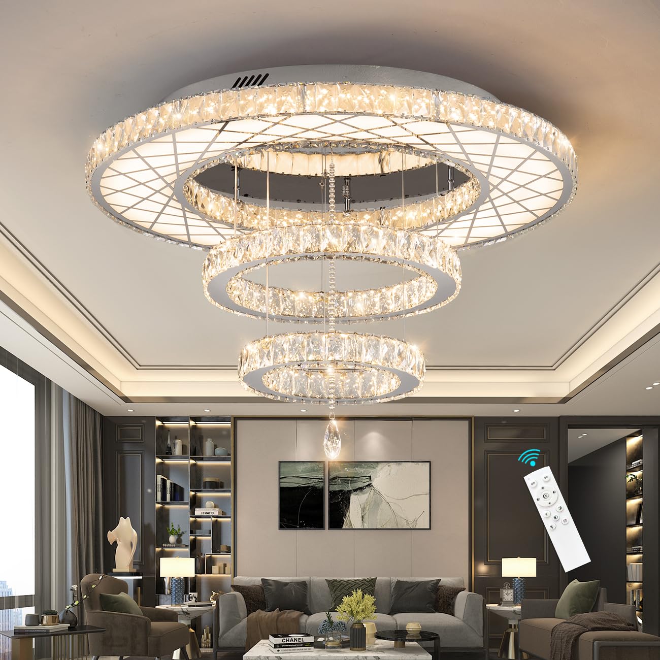 Photo 1 of HAIXIANG 40 Inch LED Chandelier, Ceiling Light for Living Room Flush Mount Lighting Fixtures Remote Dimmable, Compatible with Sloped Dome Ceiling Install, Shiny Chrome Silver