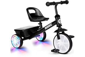Bobike Toddler Tricycle for Ages 2-5 Years, Tricycle with 2 LED Light Wheels, Toddler Bike with 3-Position Seat and Rear Basket, Kids Bike Gift for Boys & Girl (Black)