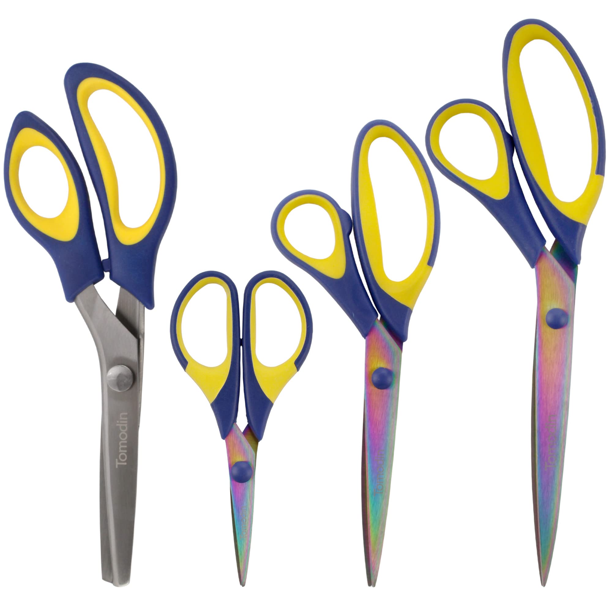 BambooMN Titanium Softgrip Scissors Set - Pinking, Sewing, Arts, Crafts, Office - 1 Set of 4 - Blue w/Yellow