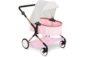 LULLABABY babi by Battat - Baby Doll Double Stroller Mini Gold Stars Foldable Canopy, Swivel Wheels, Basket Pink Carriage Fits Twin 14-inch Dolls Children’s Toys Kids Ages 2+ (BAB7630C1Z)