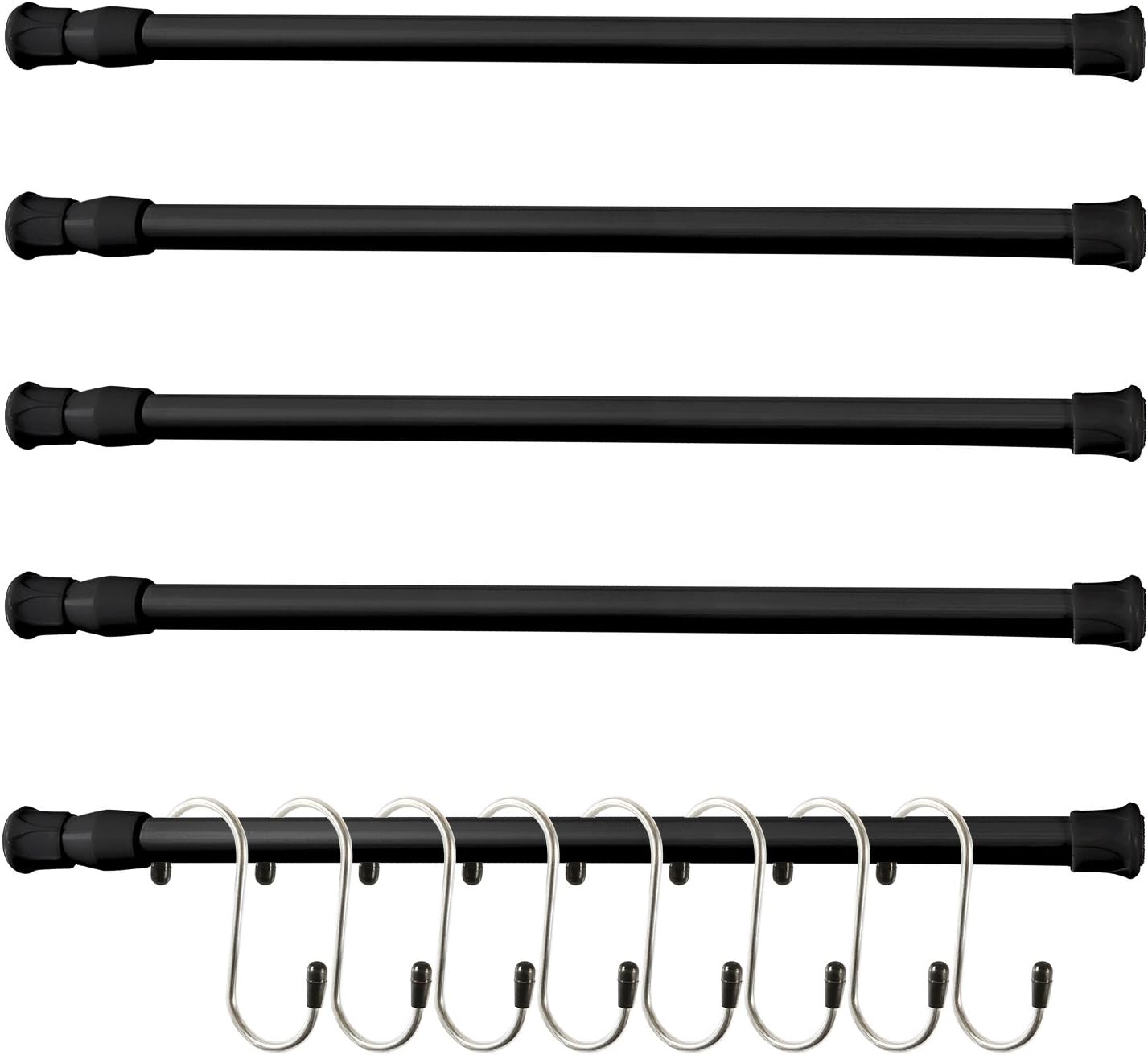 Coobey 5 Pack Steel Spring Tension Curtain Rod Cupboard Bars Rod, 11.81 to 20 Inches, with 8 Pieces Stainless Steel Hanging Hooks (Black)