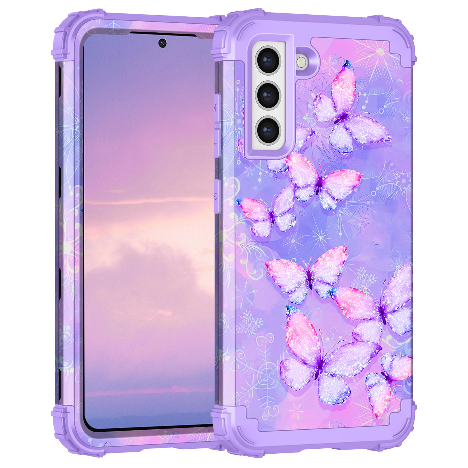 LONTECT for Galaxy S21 FE 5G Case Grow in The Dark Shockproof 3 in 1 Heavy Duty Rugged Hybrid Sturdy High Impact Drop Protective Cover Flower Case Grow in The Dark,Light Purple Butterfly