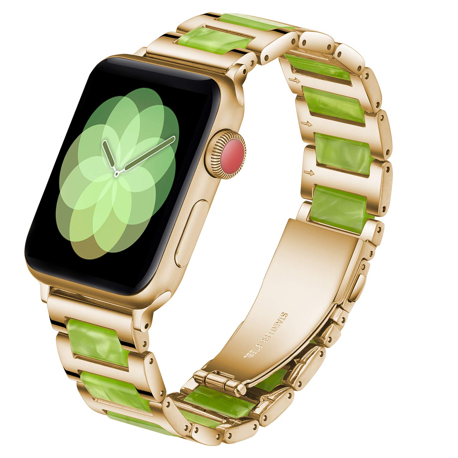 Caunedy Compatible with Apple Watch Strap 38MM/40MM/42MM/44MM,Solid Stainless Steel Metal Wristband Replacement for Series 5/4/3/2/1,Colourful Resin Bracelet Strap (38/40mm, Gold&Green) — image 1