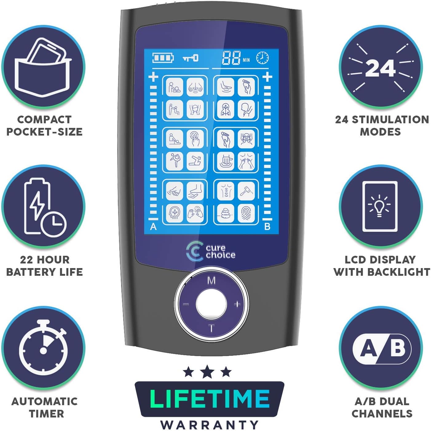 Cure Choice Dual Channel TENS + EMS Unit 24 Modes Unit Muscle Stimulator, Pulse Massager with 10 Electrode Pads + Storage Pouch for Muscle Pain Relief (Black): Health & Personal Care