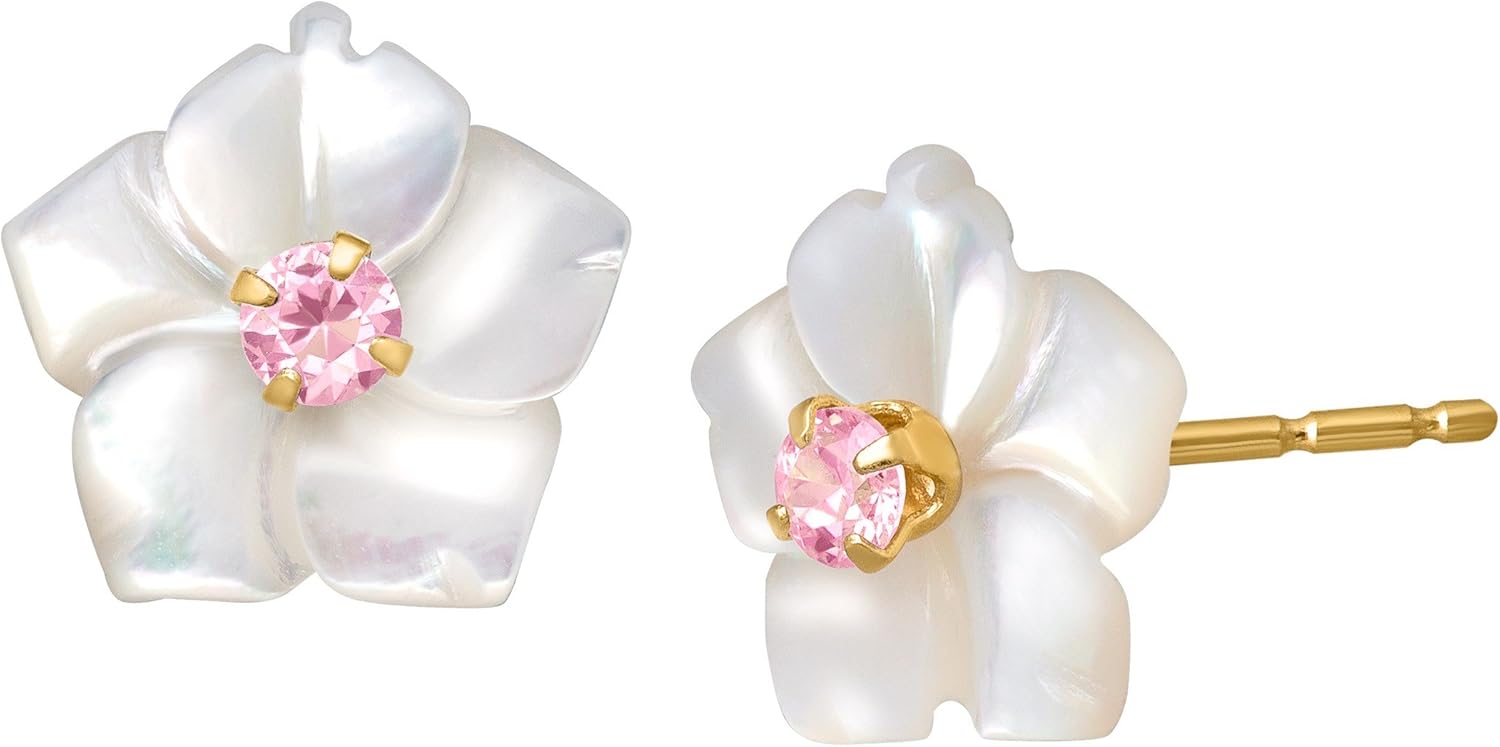 MotherofPearl Flower Stud Earrings with Pink Cubic