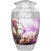NANIURN Urns for Human Ashes Adult Female and Male, Cremation Urn for Ashes for Women, Funeral Urns for Women & Man, Burial Urns, Decorative Urns with Butterflies, Purple, Butterfly & Flower - Large