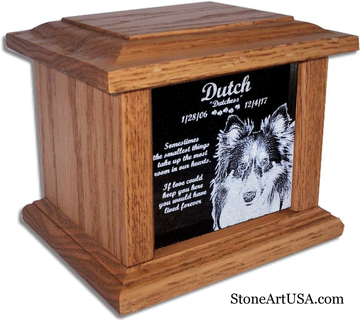 StoneArtUSA Pet Cremation Memorial Urn by Eric Small Light Oak Wood & Granite for Pets up to 48 lbs. / Custom Personalized Engraved Laser Etched Photo Marker Dog Cat Pet Ashes