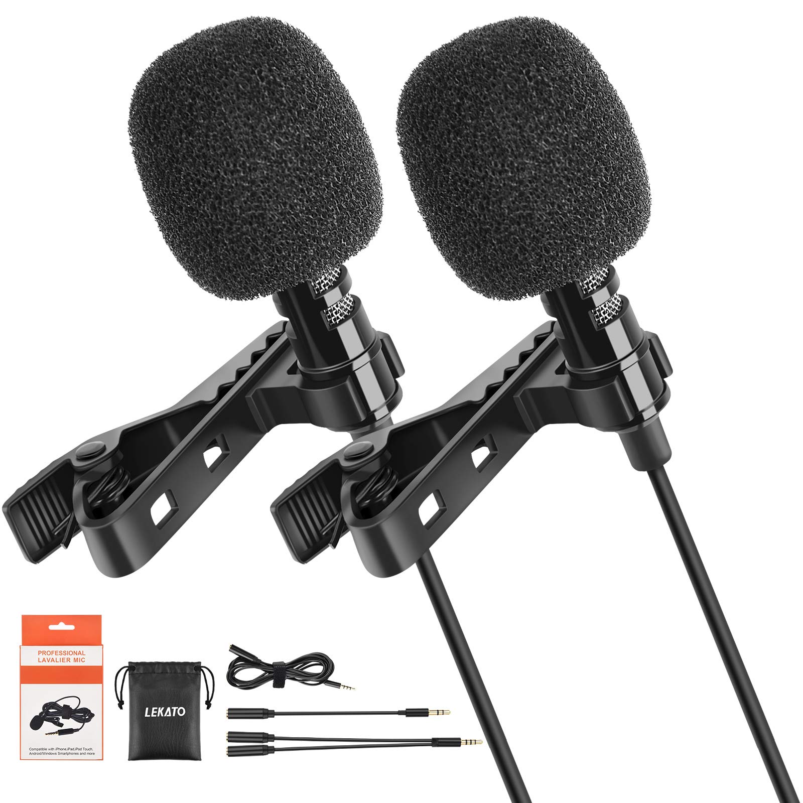 LEKATO Lavalier Microphone 2Pcs, Omnidirectional Lapel Mic, Wired Clip-On Compatible With Android/iPhone/Camera/PC for Interview/YouTube/Recording/Conference/Streaming