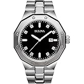 Bulova Men's Classic Stainless Steel 3-Hand Date Quartz Watch with Diamonds and Day Date, 44mm