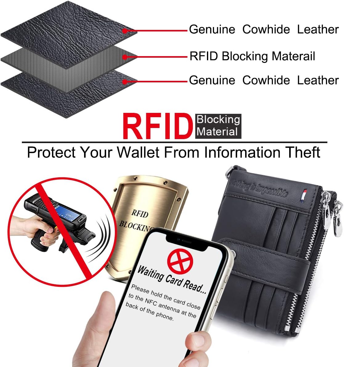 REETEE Mens Wallet RFID Blocking Genuine Leather Wallets Mens Slim Wallet for Men with Chain,Men's Bifold Leather Wallet 19 Credit Card Holder and Zipper Coin Pocket(Black) - Image 5