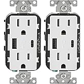 Leviton 2-Pack Decora USB Type A-C Receptacles, 15 Amp, Tamper-Resistant, Heavy-Duty Hospital Grade, T5633-2BW, White