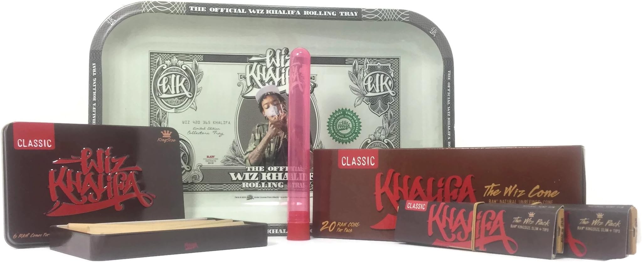 Wiz Khalifa by Raw Bundle, Rolling Tray, Wiz 20 Pack King Size Cones, Wiz 6 Pack Cone Tin, 2 Wiz King Size Connoisseur, 1 Genuine Doob Tube