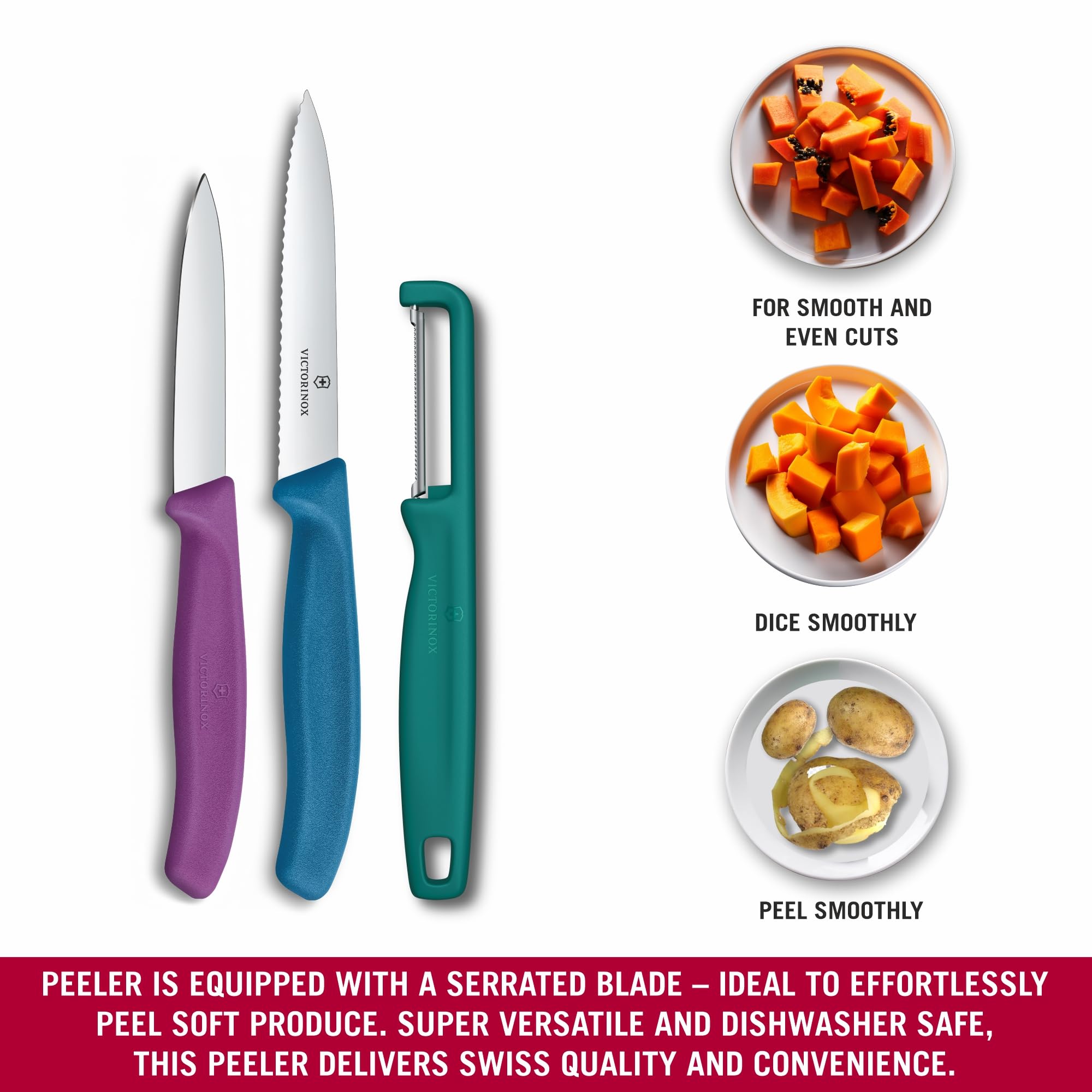 Victorinox Swiss Classic Gemüsemesser Set mit Sparschäler, Schälmesser und Tomatenmesser, 3-teilig, Extra Scharfe Klinge, Farbig 3
