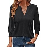 TICTICMIMI Women's V Neck 3/4 Sleeve T Shirts Dressy Summer Blouse Smocked Cuffs