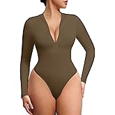 FeelinGirl Long Sleeve Bodysuit for Women Mock Turtle Neck Body Suits Zip Up Design Black Tummy Control Bodysuit Shirts