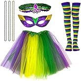 Yxtwaeh 7 Pcs Mardi Gras Costume Accessories for Women Included Headband Masquerade Mask Bead Necklaces Tutu Skirt Striped Long Socks for Halloween Mardi Gras Carnival Party Supplies Multicolor