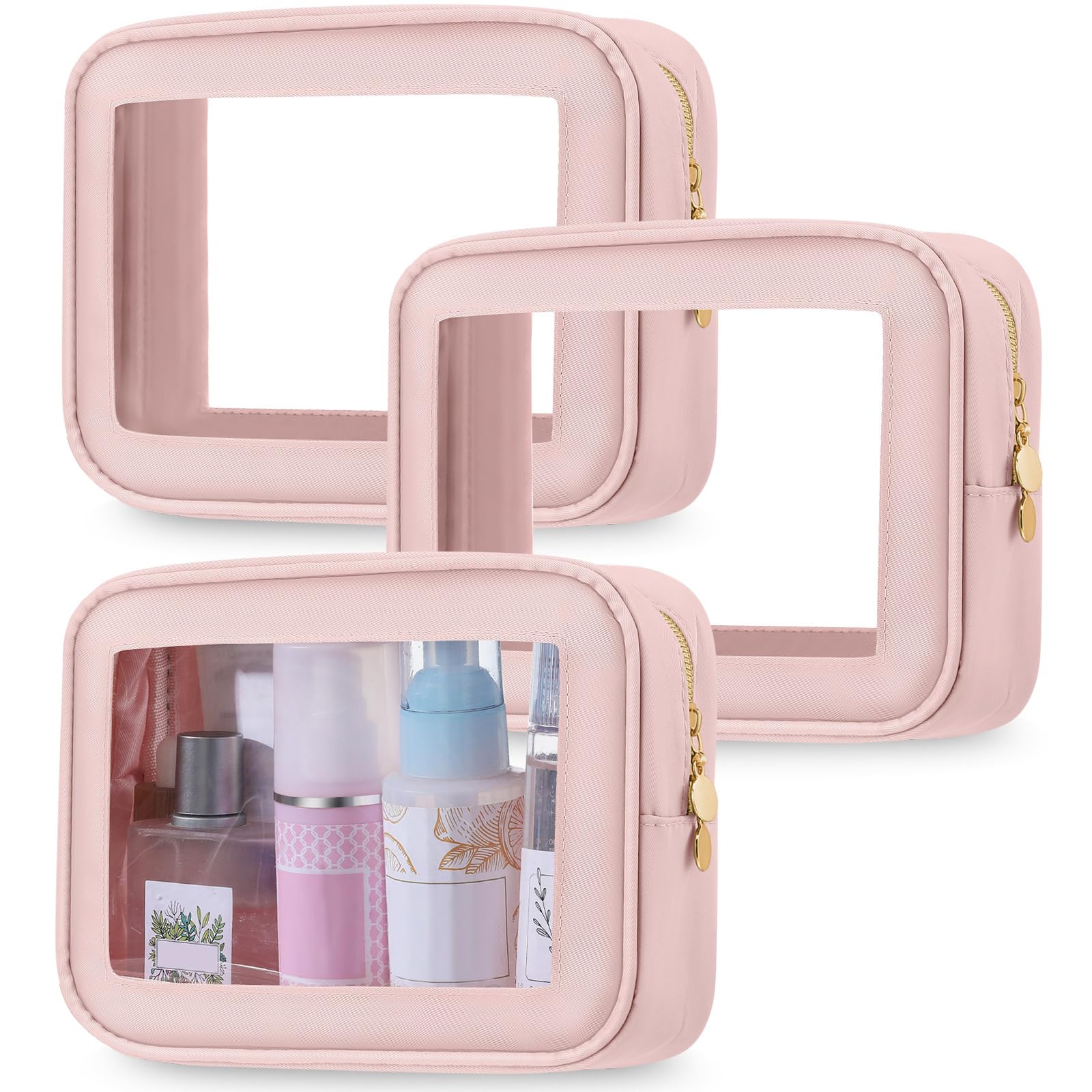 Photo 1 of Abbylike 3 Pcs Clear Makeup Bags Car Cosmetic Bag with Zipper Nylon PVC Travel Toiletry Pouches Sets for Women New Years Gifts, Valentine's Day Wedding Gift for Her(Pink)