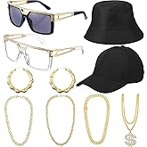 Gejoy Halloween 80s 90s Hip Hop Costumes Outfit for Women Men 9 Pcs Sunglasses Fake Gold Chain Dollar Sign Necklace Earrings Hat Rapper Jewelry Couple Accessories
