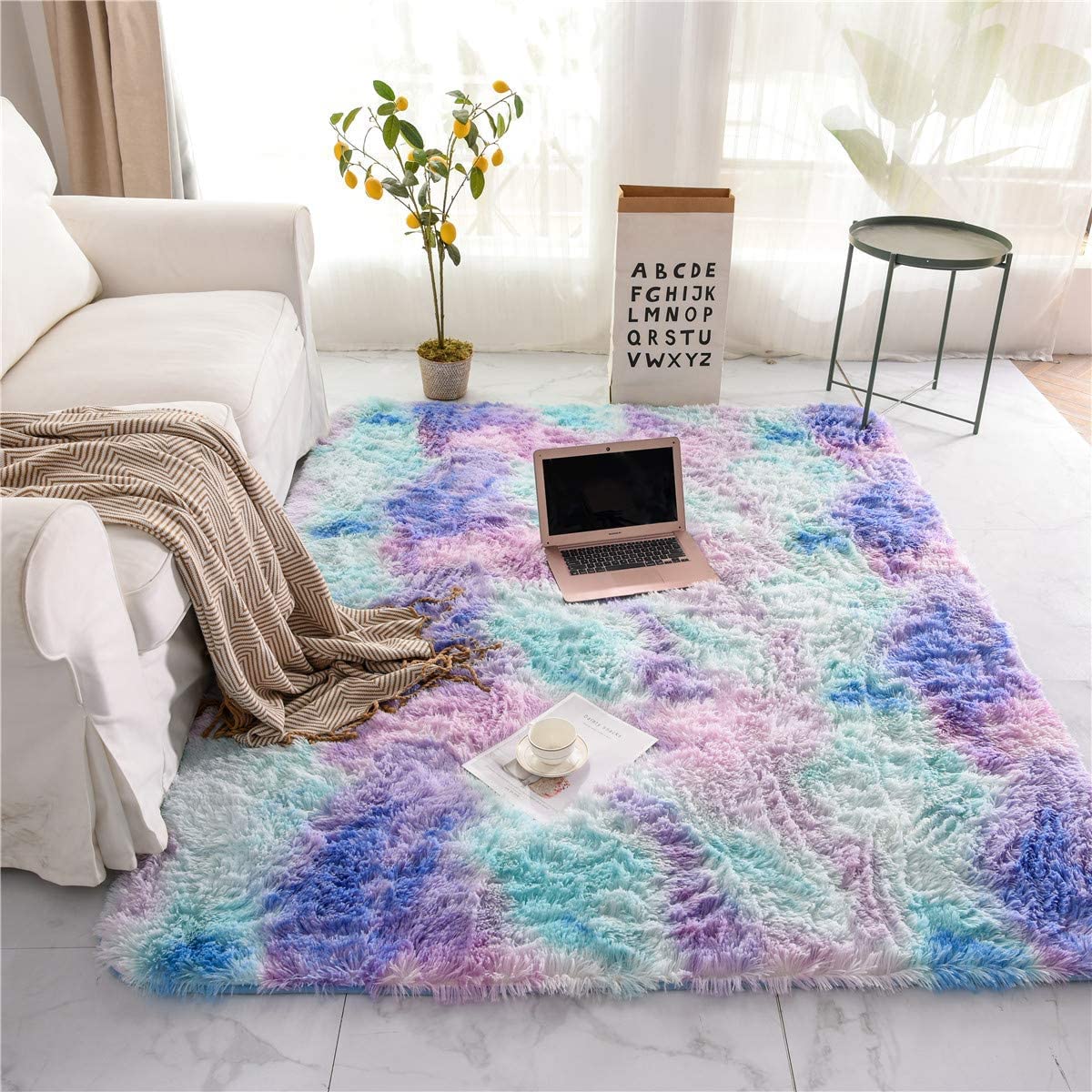 Photo 1 of NTBED Soft Shaggy Area Rugs for Boys Girls Bedroom Nursery Dorm Living Room,Tie Dye Fluffy Bedside Rugs Colorful Abstract Indoor Plush Shag Floor Carpets(4x6Feet, Blue Purple)