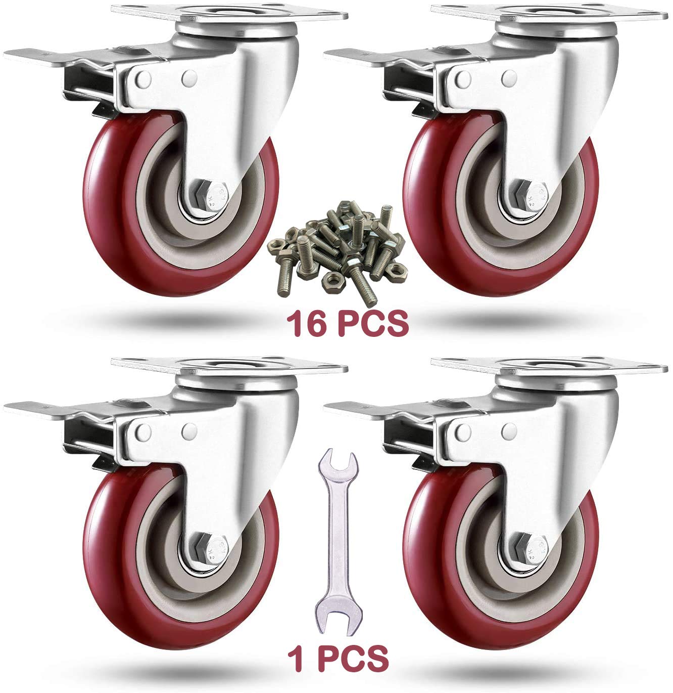 3 inch Heavy Duty Casters, Lockable Bearing Caster Wheels with Brake, Swivel Casters for Furniture and Workbench, Set of 4, Load 1200lbs (Free Screws and Spanner)