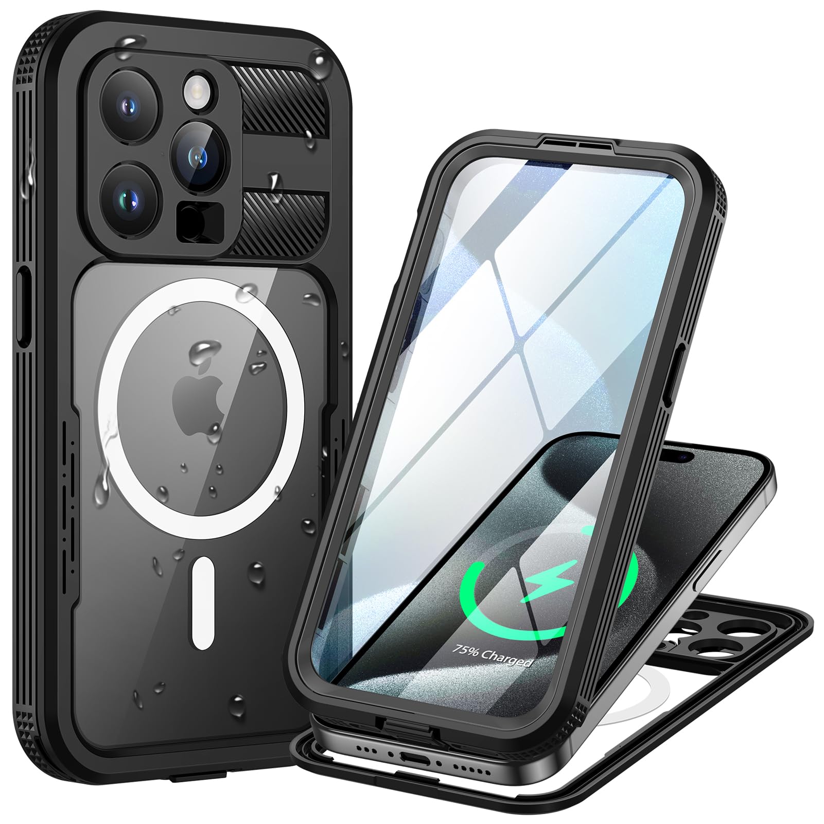 Lanhiem for iPhone 15 Pro Max Waterproof Case, [Compatible with MagSafe] Heavy Duty Shockproof Dustproof Cover with Screen Protector, Front and Back Magnetic Case for 15 Pro Max - 6.7 inch (Black) — image 1