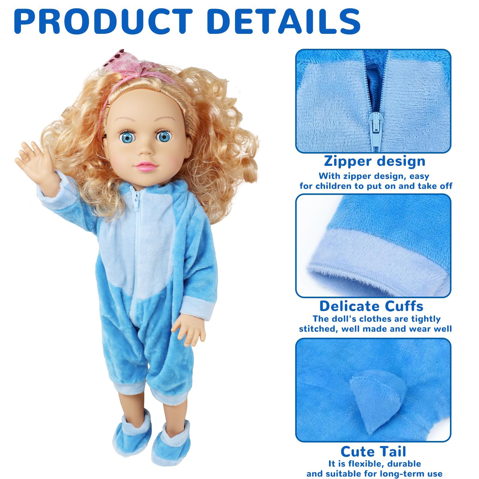Puppenkleidung für Baby Puppen Blau, Baby Kleidung Outfits Puppe Zubehör für 35-43cm Puppe, Enthält Overall, Socken und Kleiderbügel, Geschenke für Mädchen Jungen 4