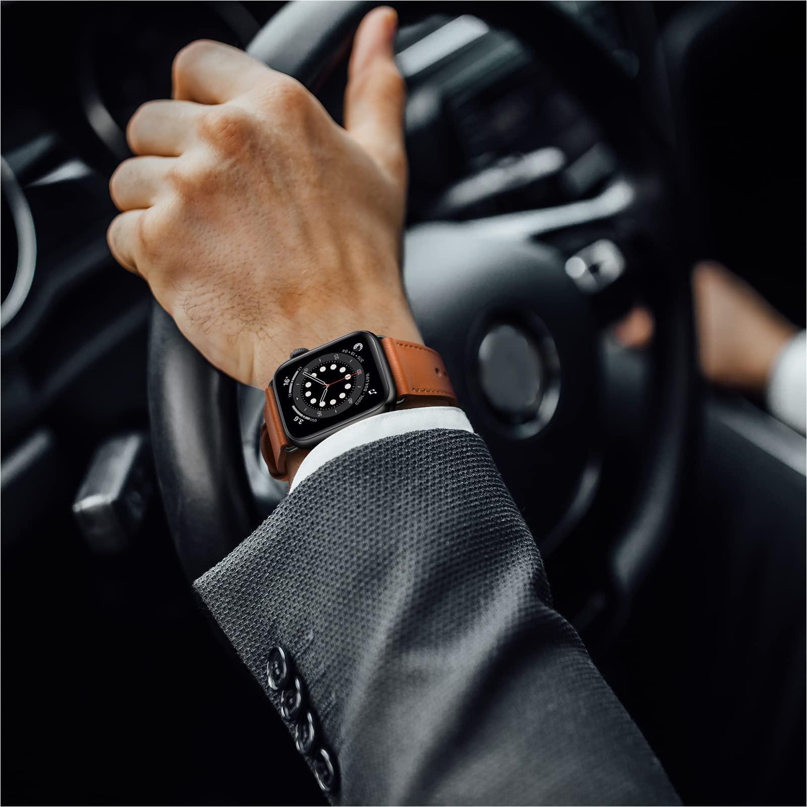 OUHENG Compatible with Apple Watch Band 49mm/46mm/45mm/44mm/42mm, Genuine Leather Bands Strap for iWatch Ultra 2/1 SE Series 10 9 8 7 6 5 4 3 2 1 (Brown/Black)