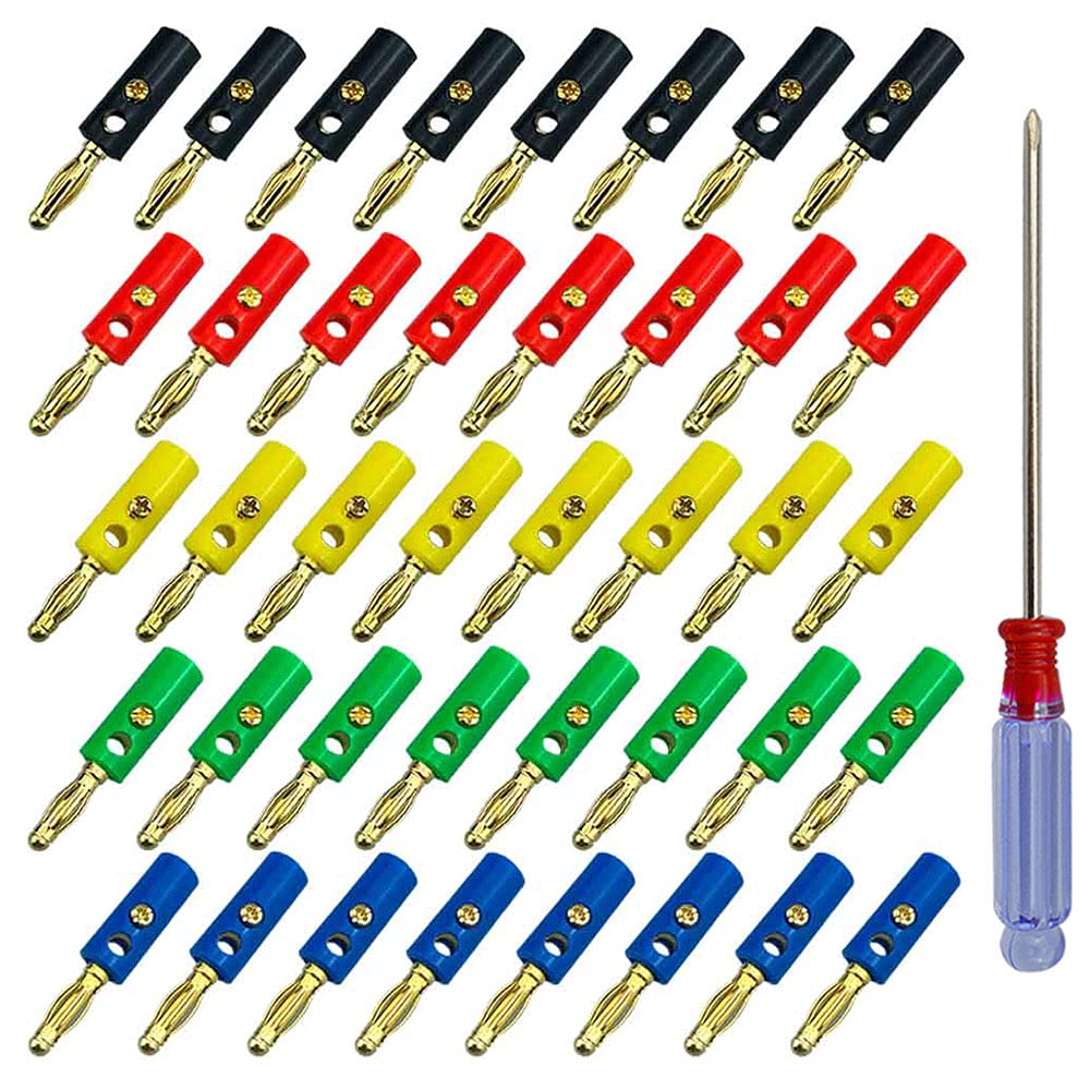 QitinDasen 40Pcs 4mm Banana Plug, Gold Plated Banana Plug Connector, for Speaker, Audio/Video Receiver, Amplifiers and Sound Systems (5 Color)