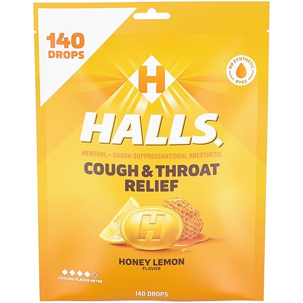 HALLS COUGH AND THROAT RELIEF HONEY LEMON COUGH DROPS, BULK PACK, 140 DROPS