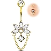 COCHARM Lotus 14K Gold Plated Belly Button Rings 925 Sterling Silver Belly Button Ring Dangle Navel Piercing Jewelry 10MM