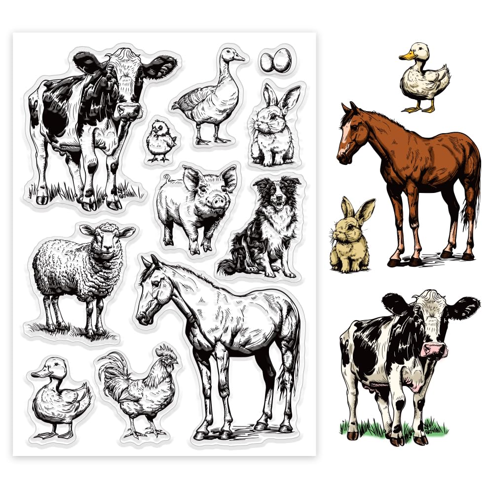 GLOBLELAND Farm Animals Clear Stamps 8.3x5.8 inch Cows Geese Ducks Roosters Horses Silicone Clear Stamp Seals Sheep Pigs Border Collies Rabbits Transparent Stamps for DIY Scrapbooking Cards Making