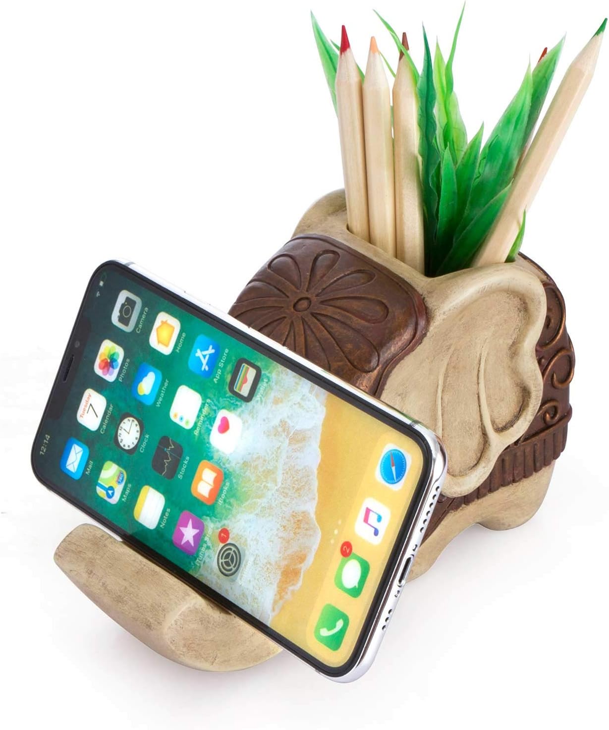 Pen Pencil Holder with Phone Stand, Coolbros Resin Shaped Pen Container Cell Phone Stand Carving Brush Scissor Holder Desk Organizer Decoration for Office Desk Home Decorative (Elephant): Home Improvement