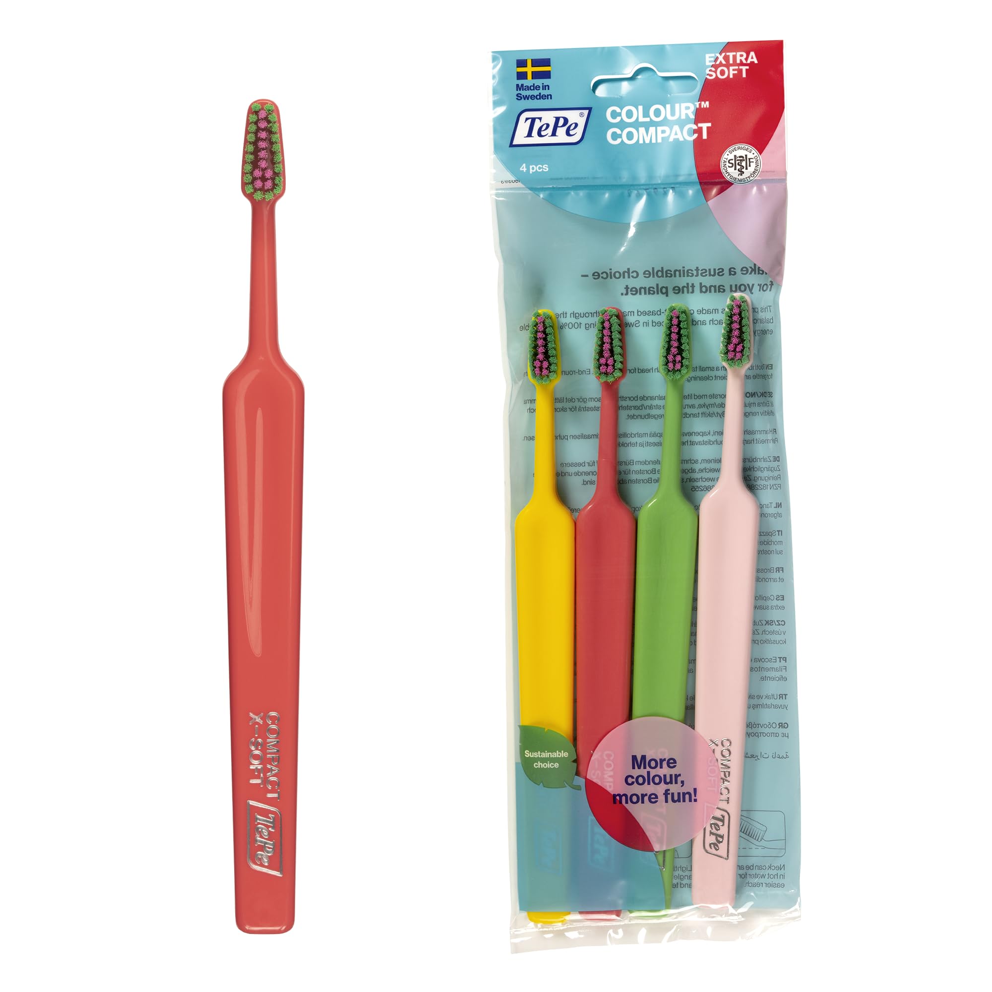 TePe Colour Compact Toothbrush, Extra Soft, 4pcs, Toothbrush for Older Kids and Adults with a Small Brush Head, ensures Gentle Cleaning with Extra Soft filaments