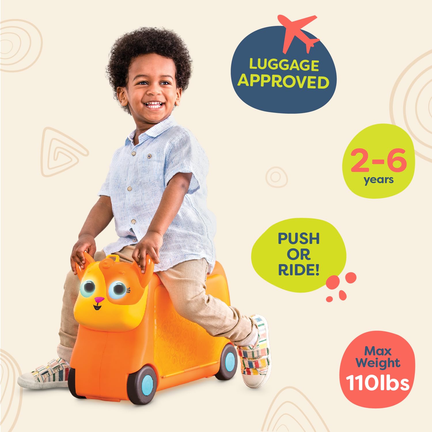 B. toys – On The Go – Lolo Ride-On Suitcase for Kids – Rolling Luggage with Storage Space - Travel & Play – Fun Animal Design for Toddlers 2+ Years