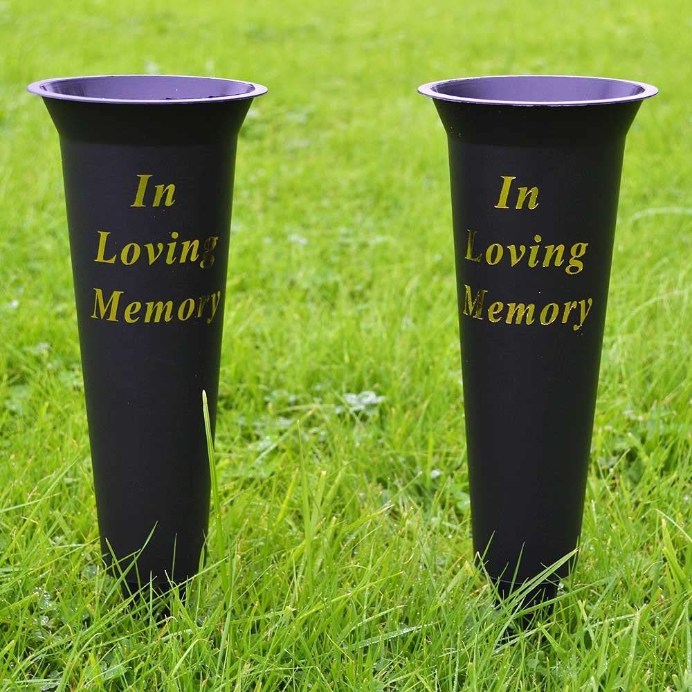 Set of 2 Black In Loving Memory Spiked Memorial Grave Flower Vases Graveside Memorial with flower holder inserts