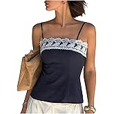 MakeMeChic Women's Boho Tops Y2K Floral Lace Spaghetti Strap Camisole Sleeveless Zip Back Tank Top