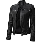 Blingsoul Disc Lambskin Black Leather Jackets For Women | [1313723] Cafe Racer Black, M