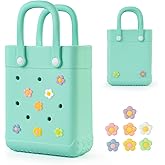Mini Rubber Tote Bag for Little Girls & Women, X-Small Waterproof EVA Beach Bag with 7 Cute Charms