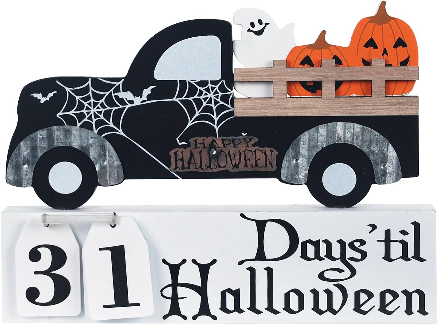 Advent Calendars - MEETYAMOR Halloween Decorations Indoor, Wooden Halloween Countdown Calendar Truck with Spider Web Design and Ghosts Pumpkin, Perfect Days'til Halloween Indoor Decoration for Home, Table, Mantel